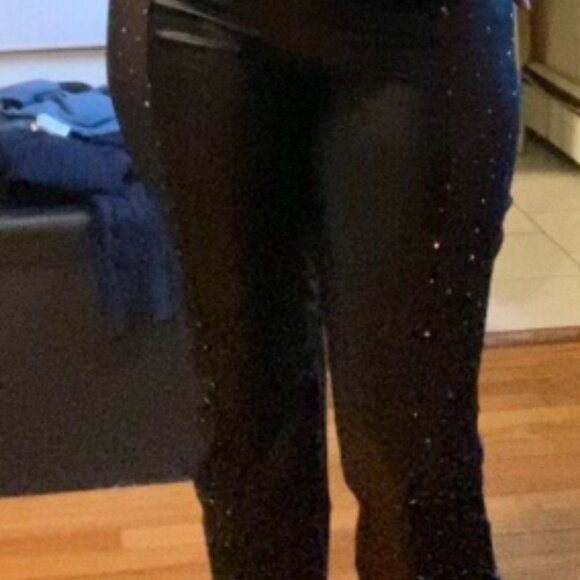 BRAND NEW Sequin Mesh Contrast Elasticity Faux Leather Skinny Pants - Picture 2 of 7